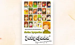Kolekcja okładek książek z serii "Jeżycjada" Małgorzaty Musierowicz. Widać tu portrety młodych bohaterek, ułożone w siatce.