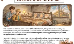 Charlie Bucket z rodziną w skromnym domu, w tle fabryka czekolady.