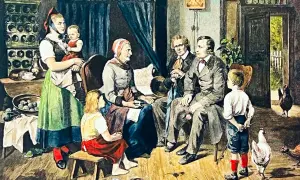 Rodzina zgromadzona w izbie, gdzie matka karmi dziecko, a starsi słuchają opowieści. Obraz ukazuje motyw tradycji w literaturze, przekazywanej z pokolenia na pokolenie.