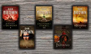 Okładki książek Dana Browna: Anioły i Demony, Zaginiony Symbol, Początek, Kod Leonarda da Vinci, Inferno.