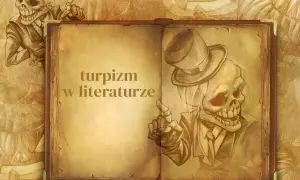 Otwarta księga z tekstem "turpizm w literaturze". Po lewej szkic szkieletora w garniturze, po prawej drugi, z kapeluszem, wskazujący palcem.