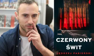 Jędrzej Pasierki i okładka "Czerwony świt" z komisarz Niną Warwiłow.