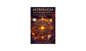 Okładka książki o astrologii z kołem zodiaku, planetami i gwiazdami.