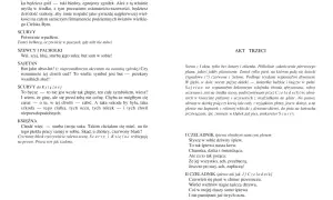 Fragment tekstu z nagłówkami i dialogami, z zaznaczonymi imionami postaci.