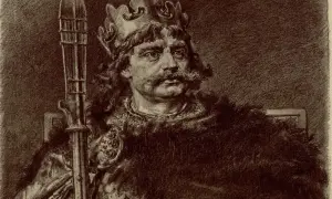 Król w koronie i futrzanej narzucie, z włócznią w dłoni. Mówcie mi Bezprym, władca dumny i surowy.