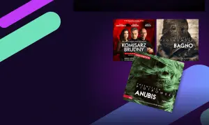 Okładki audiobooków: "Komisarz brudny", "Bagno" i "Anubis" Przemysława Piotrowskiego.