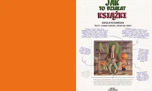 Ilustracja przedstawia dziadka czytającego książkę dwóm wnukom w otoczeniu regałów z książkami.