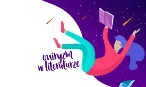 Osoba czytająca książkę w kosmosie, otoczona spadającymi gwiazdami i latającymi książkami. To właśnie oniryzm w literaturze – podróż do świata snów i wyobraźni.