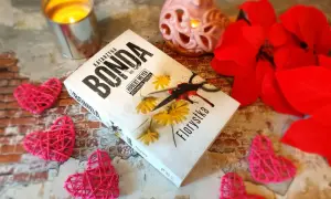 Książka "Florystka" z serii Katarzyny Bondy, z motywem Huberta Meyera, otoczona walentynkowymi serduszkami i płonącą świecą.