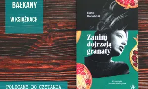 Okładka książki "Zanim dojrzeją granaty" Rene Karabasza, z fragmentami owoców granatu i portretem młodej kobiety.