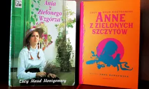 Dwie okładki książek "Ania z Zielonego Wzgórza" - jedna z portretem Ani, druga z ilustracją.