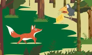 Lis patrzy na kruka, który upuszcza ser. Historia o kruku i lisie uczy, by nie wierzyć pochlebstwom.