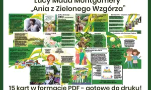 Kolorowa grafika z fragmentami tekstu i ilustracjami z książki "Ania z Zielonego Wzgórza".