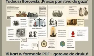 Tadeusz Borowski, „Proszę państwa do gazu” – 15 kart w formacie PDF. Obraz przedstawia kolaż grafik i tekstów o obozach koncentracyjnych.