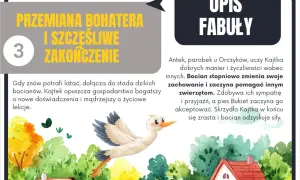 Kajtkowe przygody streszczenie rozdziałów: bocian uczy się latać, pomaga zwierzętom, zyskuje przyjaciół i odzyskuje siły.