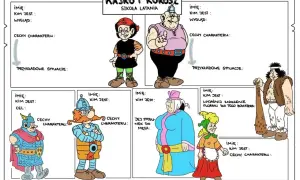 Kajko i Kokosz postacie z komiksu. Obok nich inni bohaterowie: Mirko, Hegemon, Jaga i Rozgama.