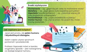 Ilustracja przedstawia chłopca piszącego piórem, otoczonego literami i książkami. Tekst opisuje środki stylistyczne, w tym ironię i humor, który może być "trochę szatański".
