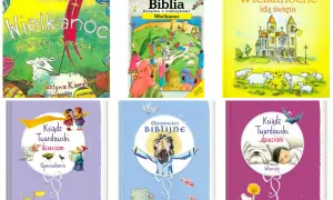 Książki o Wielkanocy dla dzieci: "Wielkanoc" z barankiem, "Biblia z naklejkami", "Wielkanocne idą święta" z kościołem i owcami, oraz "Ksiądz Twardowski dzieciom" z opowiadaniami i wierszami.
