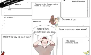 Ilustracja przedstawia schemat "Wielka Improwizacja" z Dziadów cz. III, z postaciami Konrada, Prometeusza, anioła i diabła.