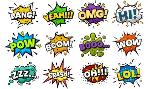 Kolorowe dymki z napisami onomatopeicznymi: BANG!, YEAH!, OMG!, HI!, POW!, BOOM!, BOOO..., WOW!, ZZZ..., CRASH!, OH!!!, LOL!