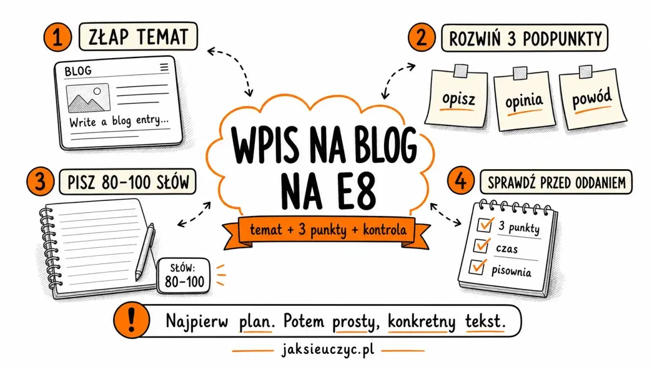 Jak napisać przykładowy wpis na bloga po angielsku? Schemat: temat, 3 podpunkty (opis, opinia, powód), 80-100 słów, kontrola.