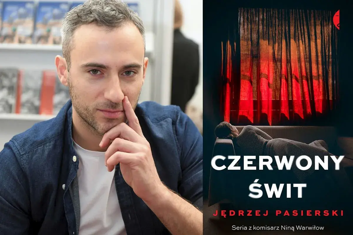 Jędrzej Pasierki i okładka "Czerwony świt" z komisarz Niną Warwiłow.