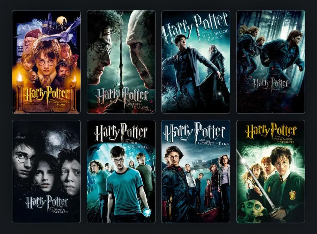 Osiem filmów z serii Harry Potter: Kamień Filozoficzny, Komnata Tajemnic, Więzień Azkabanu, Czara Ognia, Zakon Feniksa, Książę Półkrwi, Insygnia Śmierci cz. 1 i 2.