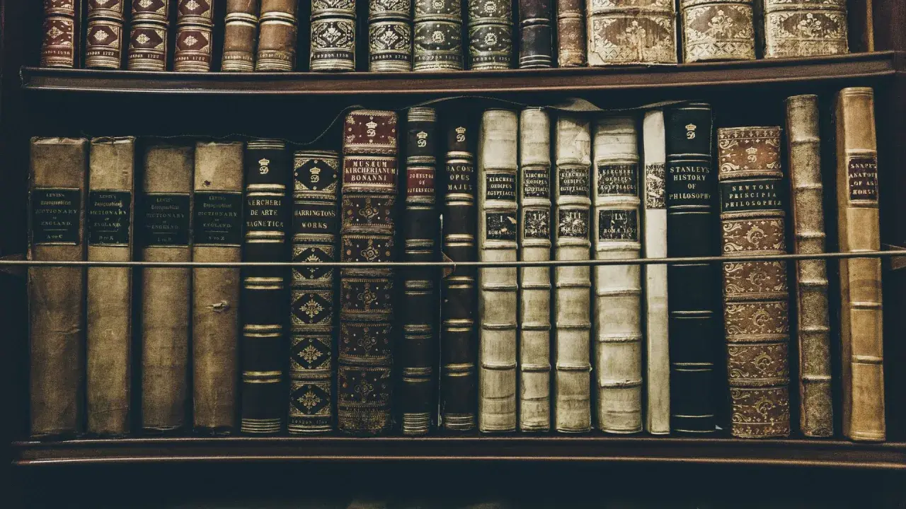Stare, zabytkowe księgi na półce, w tym "Historia filozofii" Stanleya i "Principia Philosophia" Newtona – idealne dla miłośników najlepszych książek filozoficznych.