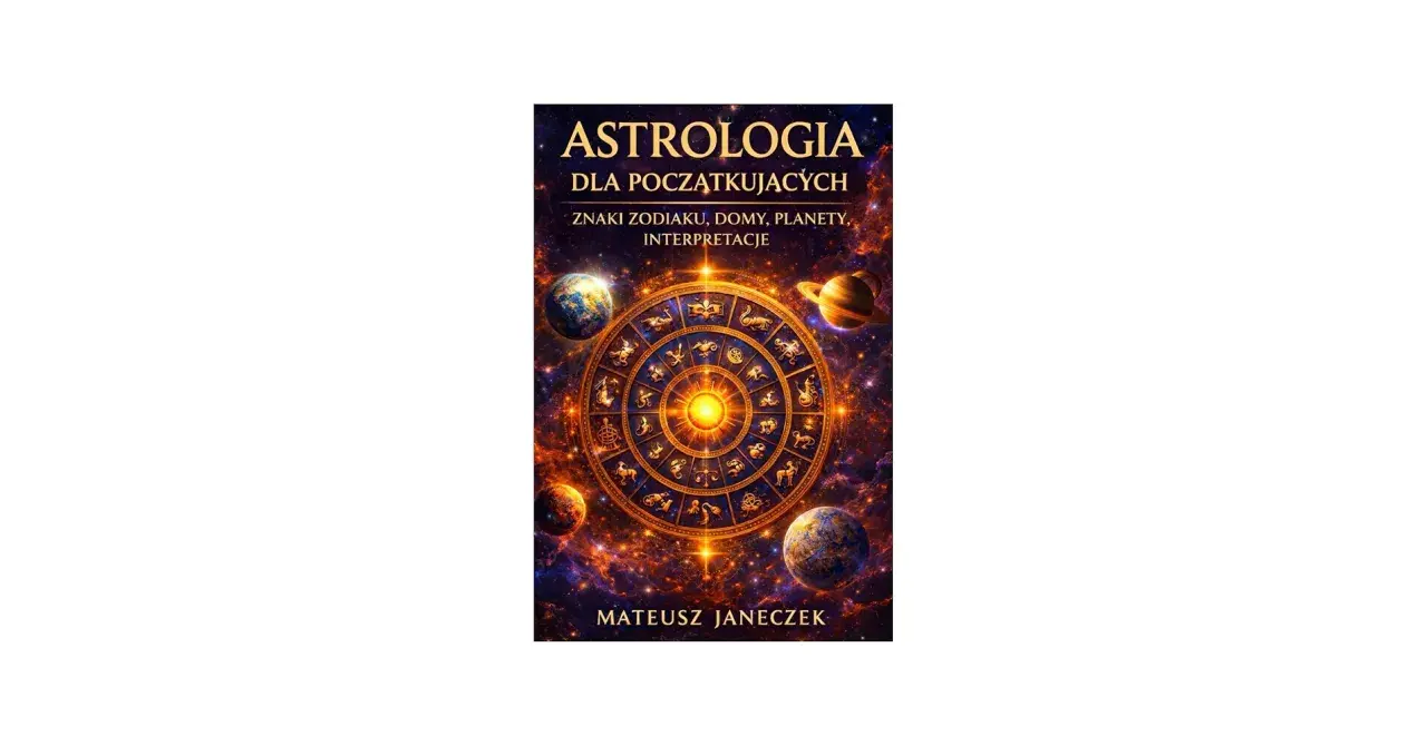 Okładka książki o astrologii z kołem zodiaku, planetami i gwiazdami.