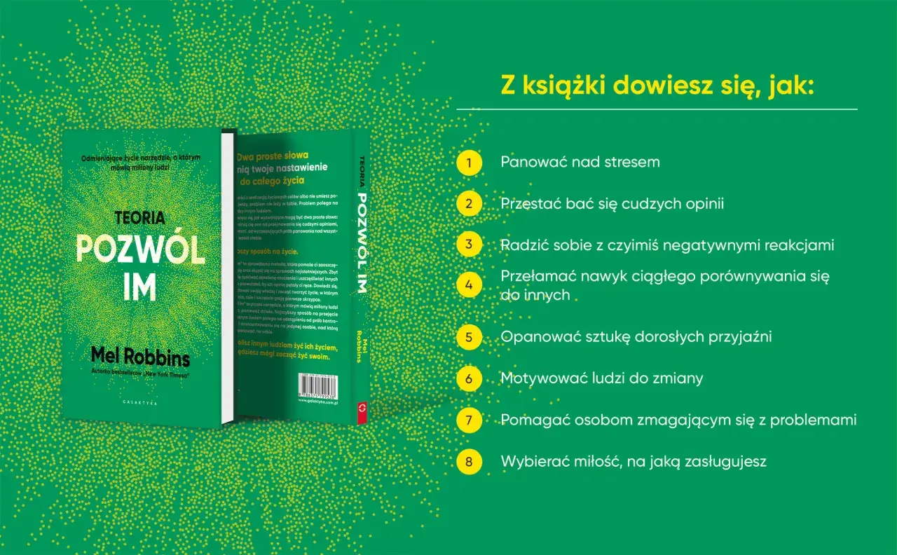 Okładka książki "Teoria Pozwól Im" Mel Robbins z wypunktowanymi wskazówkami.