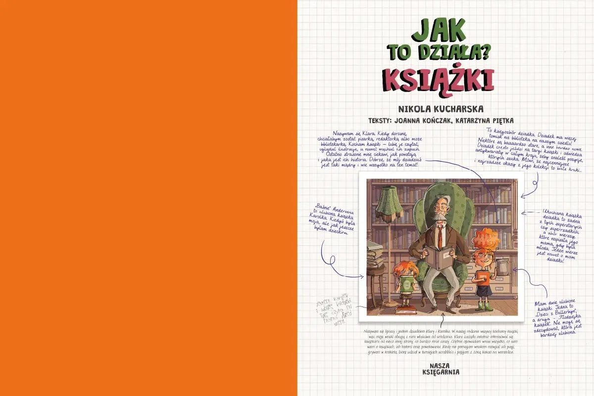 Ilustracja przedstawia dziadka czytającego książkę dwóm wnukom w otoczeniu regałów z książkami.