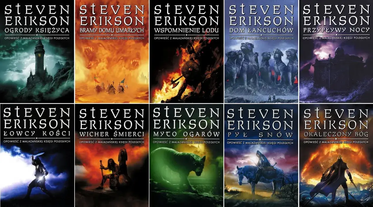 Okładki książek Stevena Eriksona, w tym "Ogrodów Księżyca" i "Domu Łańcuchów", zapowiadają jedne z najlepszych książek science fiction.
