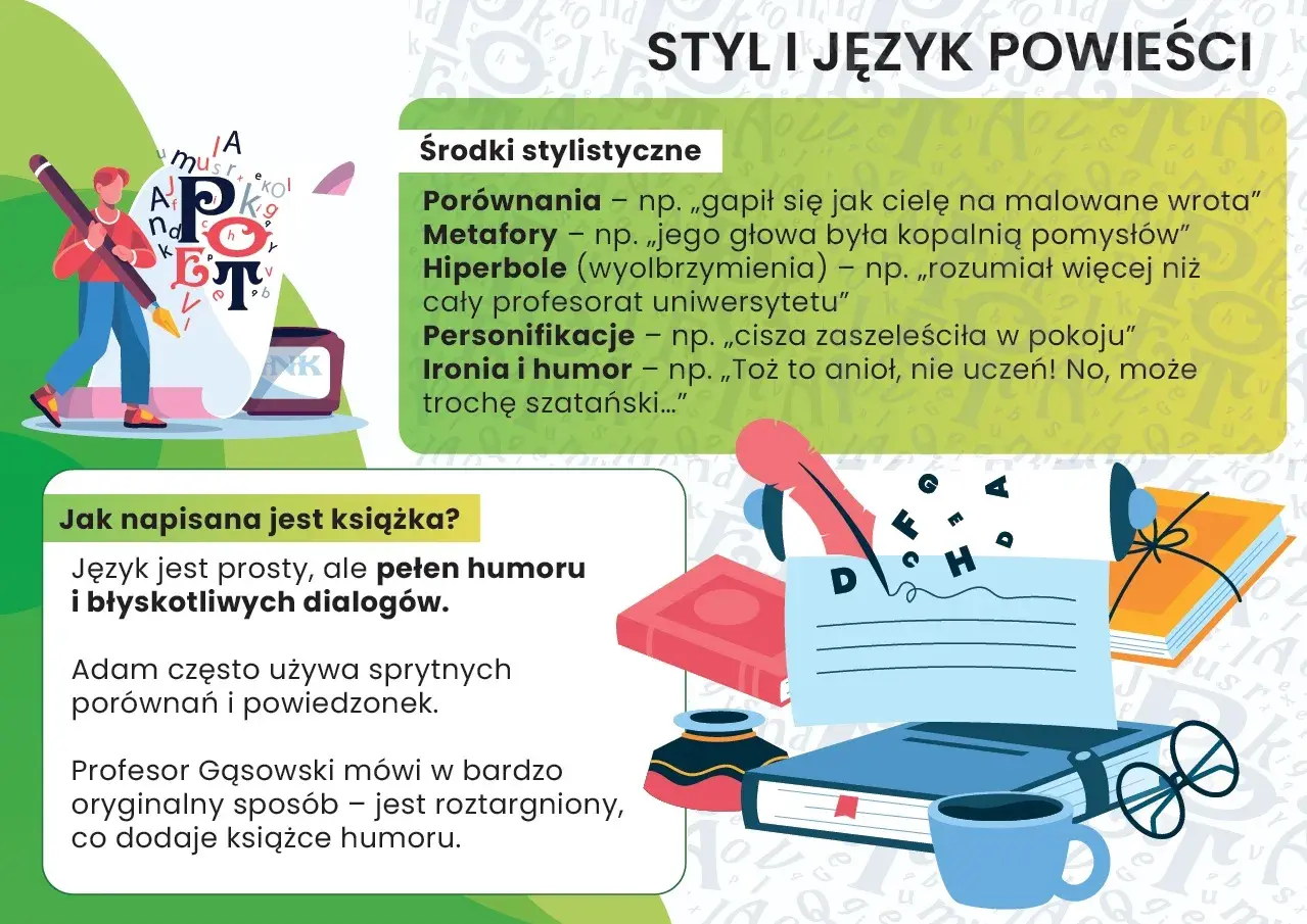 Ilustracja przedstawia chłopca piszącego piórem, otoczonego literami i książkami. Tekst opisuje środki stylistyczne, w tym ironię i humor, który może być "trochę szatański".