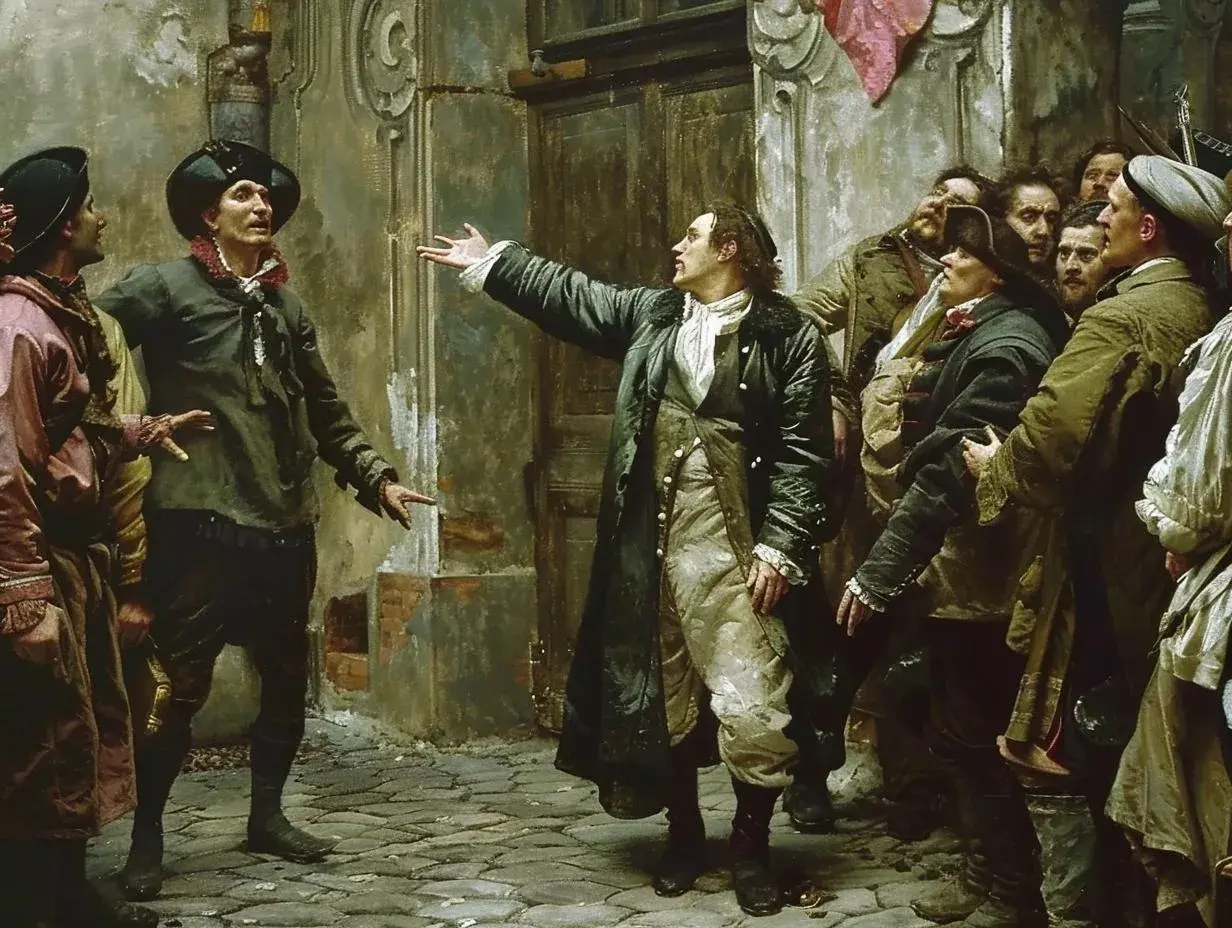Mężczyzna w stroju z epoki gestykuluje, opowiadając historię tłumowi. To nie boska komedia, a scena z życia ulicy.