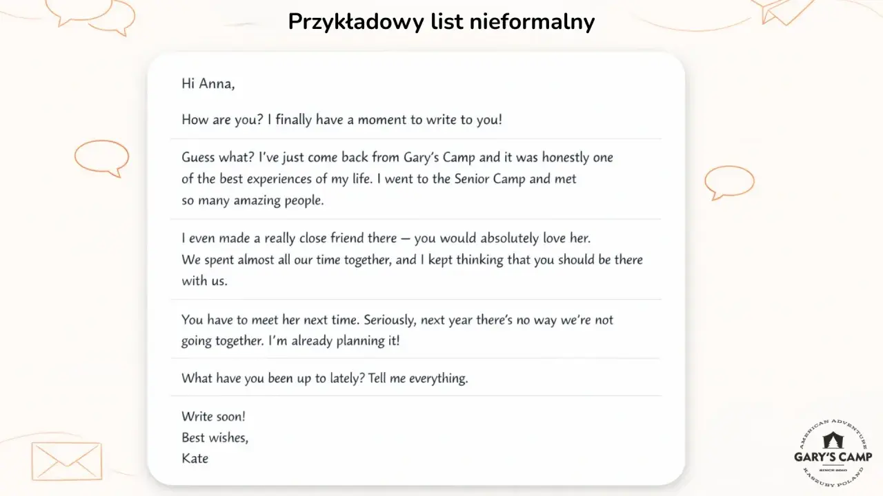 List od Kate do Anny, opisujący pobyt w Gary's Camp. "Yours faithfully kiedy" nie pasuje do kontekstu.