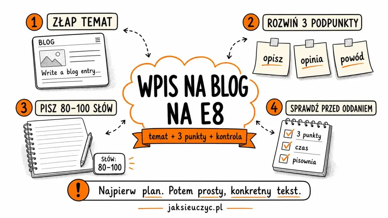 Jak napisać przykładowy wpis na bloga po angielsku? Schemat: temat, 3 podpunkty (opis, opinia, powód), 80-100 słów, kontrola.