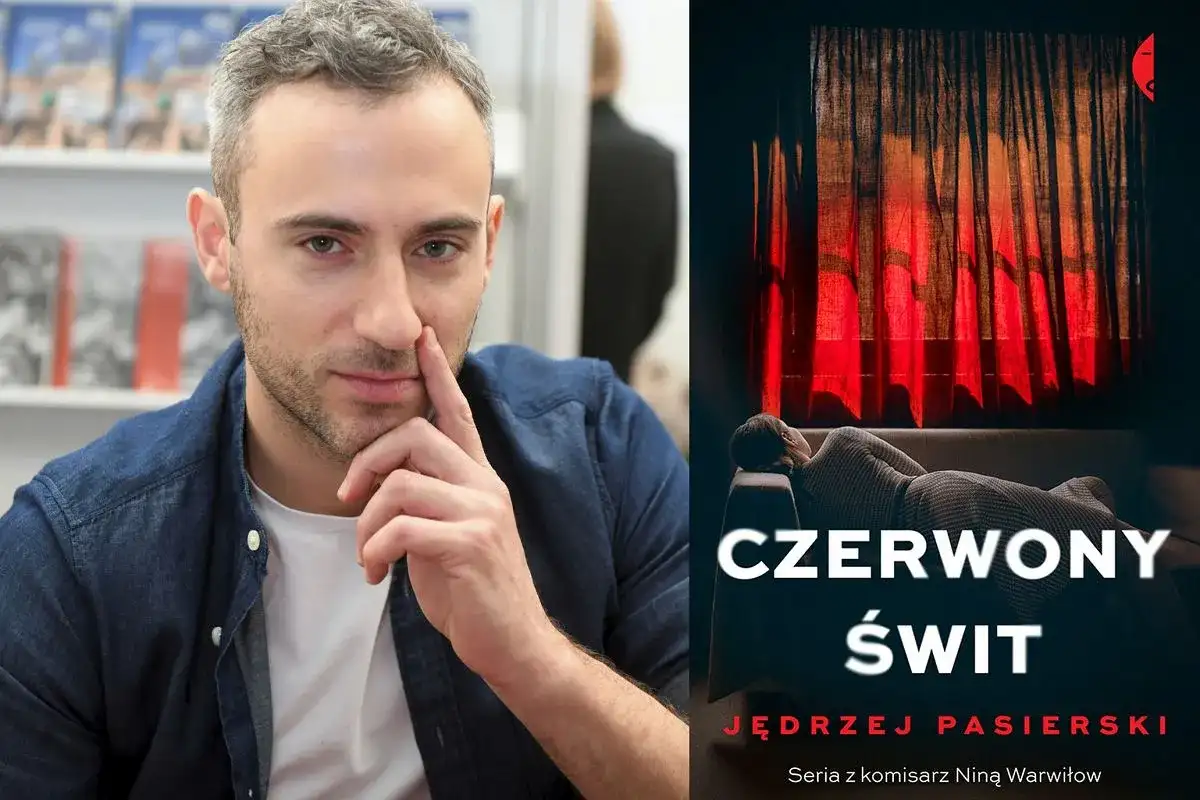Jędrzej Pasierki i okładka "Czerwony świt" z komisarz Niną Warwiłow.