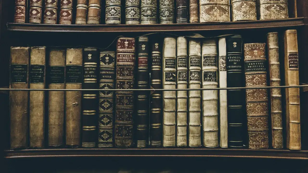Stare, zabytkowe księgi na półce, w tym "Historia filozofii" Stanleya i "Principia Philosophia" Newtona – idealne dla miłośników najlepszych książek filozoficznych.