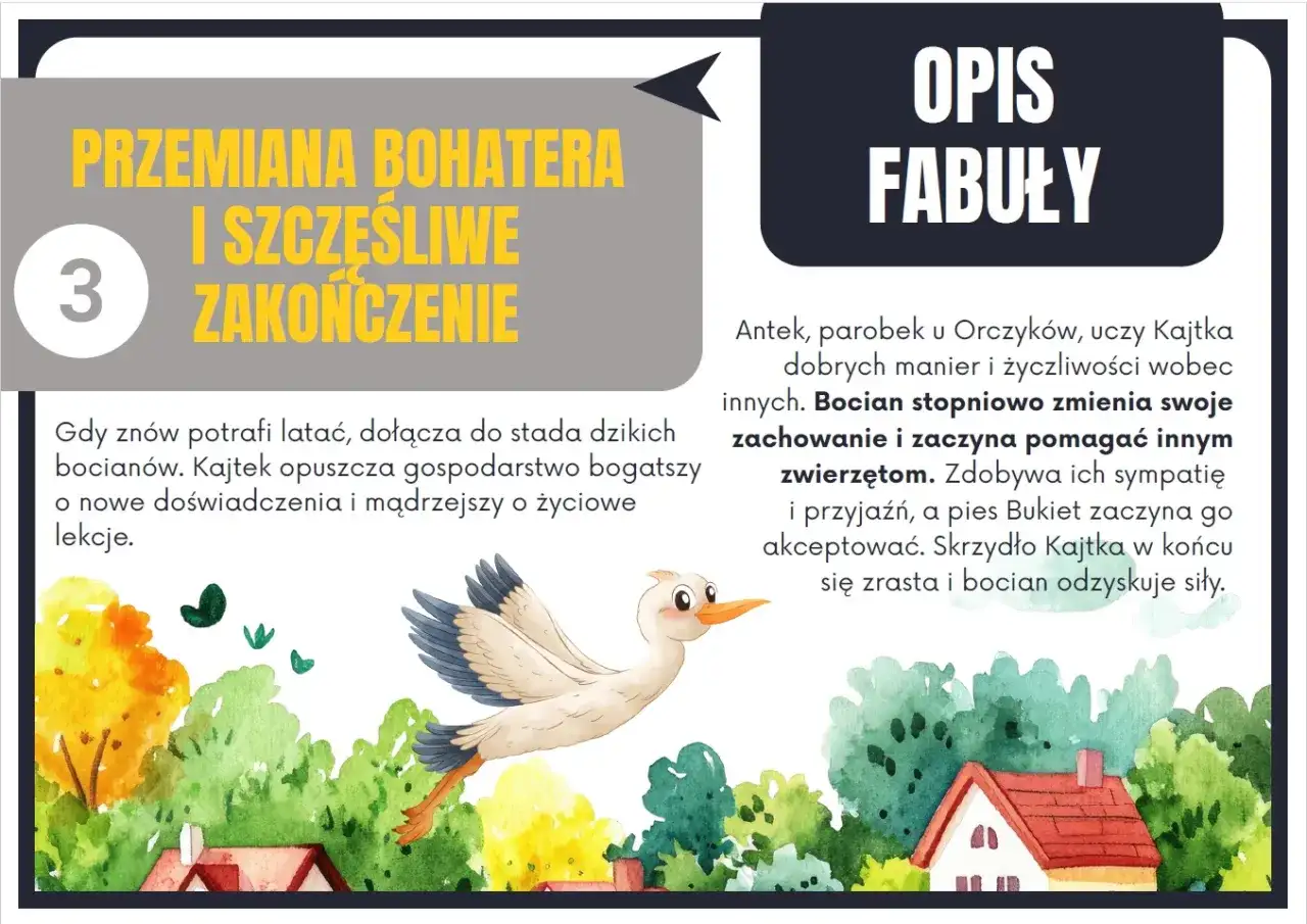 Kajtkowe przygody streszczenie rozdziałów: bocian uczy się latać, pomaga zwierzętom, zyskuje przyjaciół i odzyskuje siły.