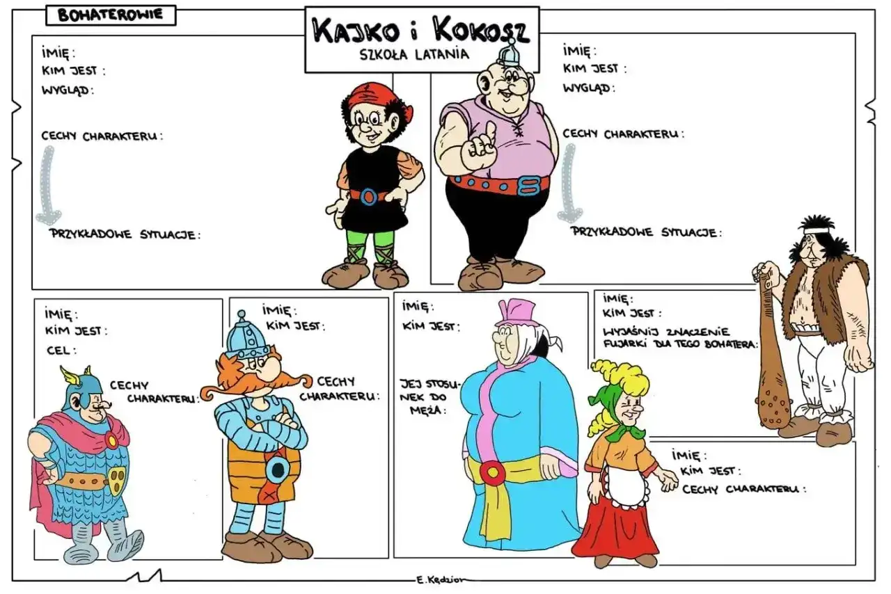 Kajko i Kokosz postacie z komiksu. Obok nich inni bohaterowie: Mirko, Hegemon, Jaga i Rozgama.