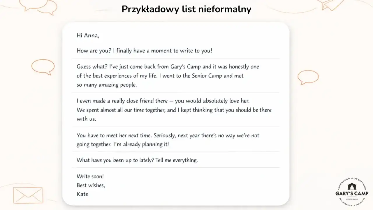 List od Kate do Anny, opisujący pobyt w Gary's Camp. "Yours faithfully kiedy" nie pasuje do kontekstu.