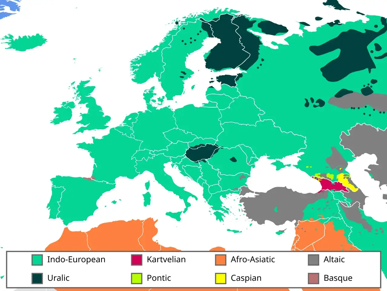 Mapa Europy z podziałem na rodziny językowe. Baskijski, oznaczony brązowym kolorem w Pirenejach, jest często uznawany za najtrudniejszy język w Europie.