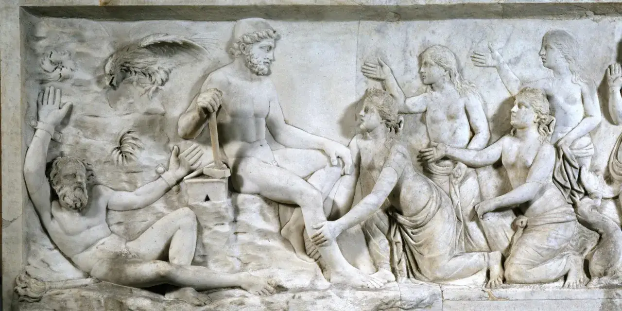 Mitologiczna scena: Prometeusz przykuty do skały, męczony przez orła, a obok niego boginie. Czy to opowieść, kto ukradł ogień z Olimpu?