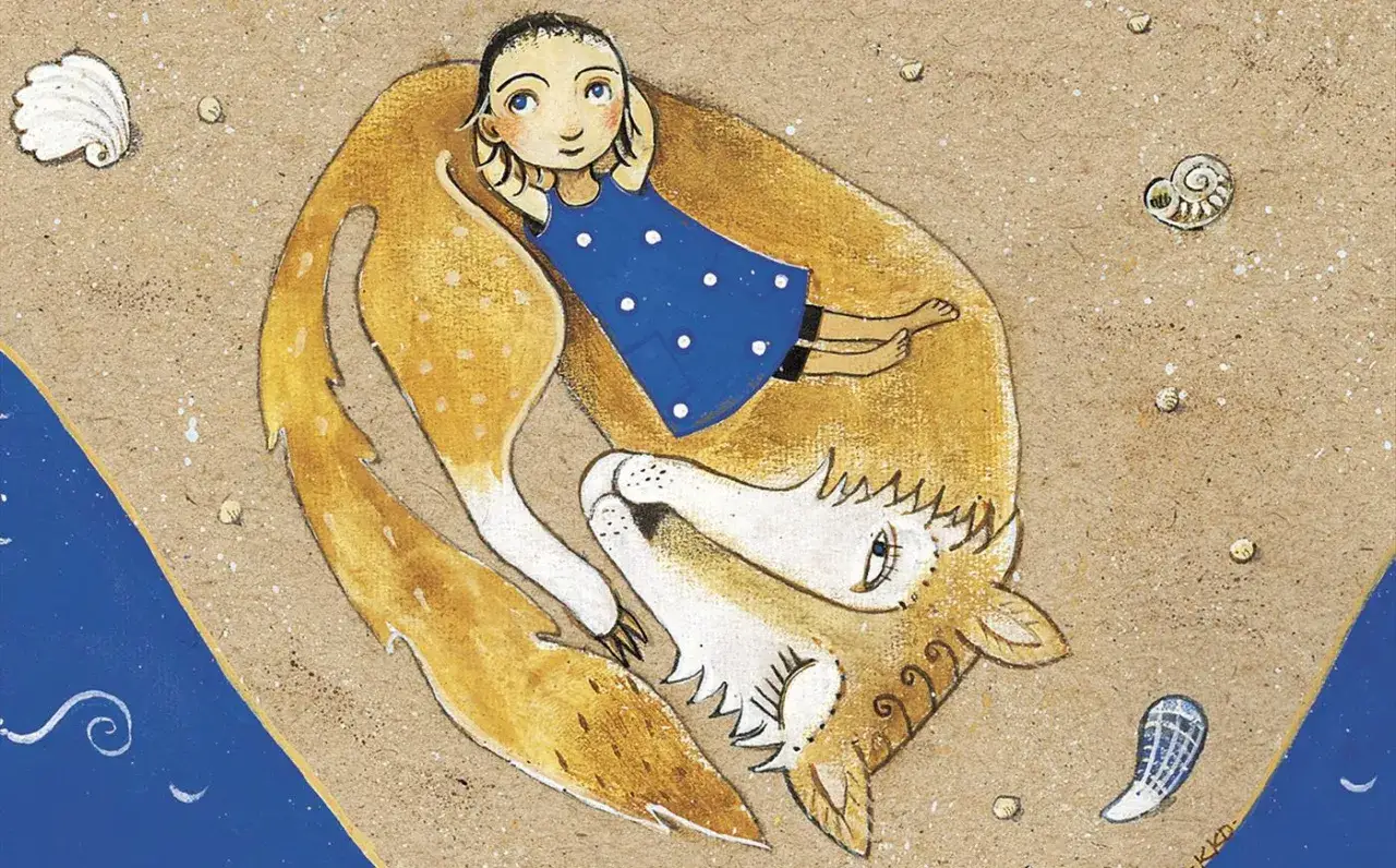 Dziewczynka w niebieskiej sukience odpoczywa na piasku, przytulona do piaskowego wilka. Ilustracja przypomina streszczenie szczegółowe tej bajki.