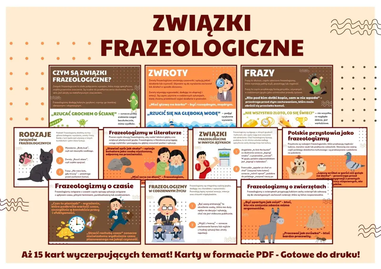 Co to związek frazeologiczny? Ilustracja wyjaśnia, czym są frazeologizmy, ich rodzaje i przykłady, np. 