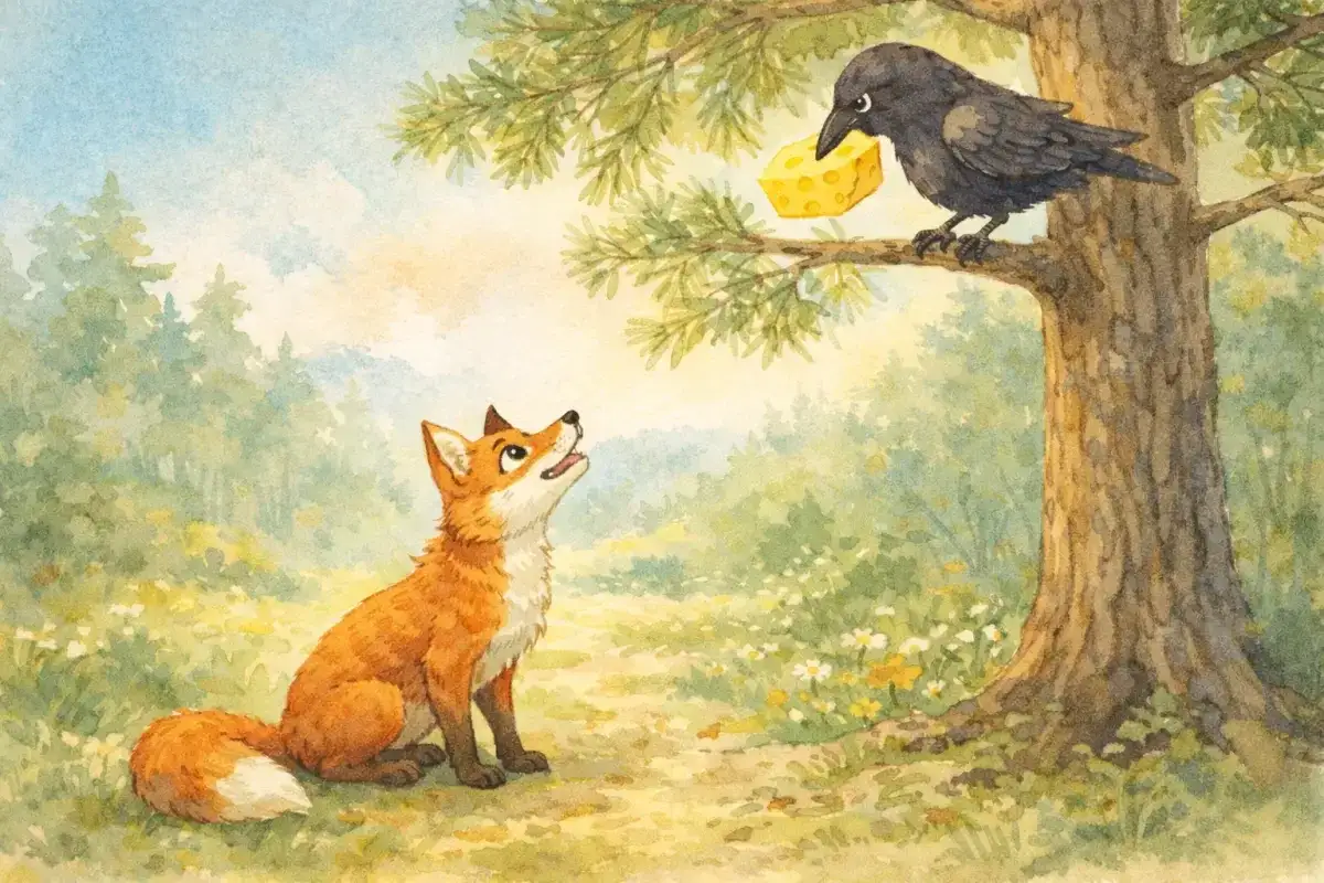 Lis patrzy na kruka z kawałkiem sera. Ilustracja przypomina bajkę o kruku i lisie, która uczy, że pochlebstwa mogą być zwodnicze.