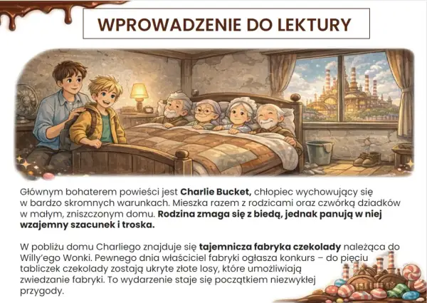 Charlie Bucket z rodziną w skromnym domu, w tle fabryka czekolady.
