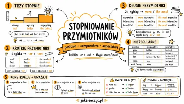 Grafika wyjaśnia stopniowanie przymiotników w języku angielskim: krótkie przymiotniki z -er/-est, długie z more/most, nieregularne i konstrukcje. Kolejność przymiotników ang. jest kluczowa.
