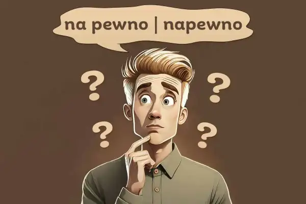 Mężczyzna z wątpliwościami, otoczony znakami zapytania, nad nim dymek z napisem "na pewno | napewno".