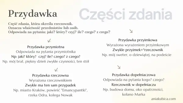 Diagram z definicją i rodzajami przydawki: przymiotna, rzeczowna, przyimkowa, dopełniaczowa.